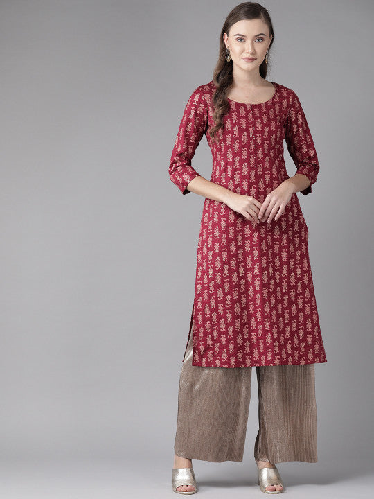anayna Women Maroon & Golden Printed Straight Kurta