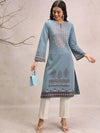 Vishudh Blue Geometric Printed Flared Sleeve Pastels Winter Straight Kurta