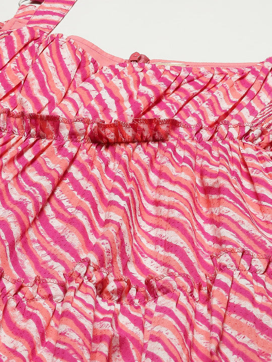 anayna Pink & White Leheriya Printed Ruffle Pure Cotton Tiered A-Line Midi Dress