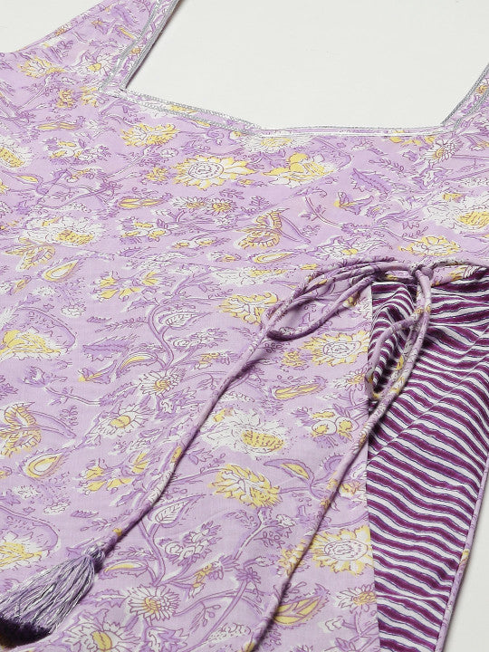 Women Purple Ethnic Motifs Printed Pure Cotton Kurta with Trousers & Dupatta