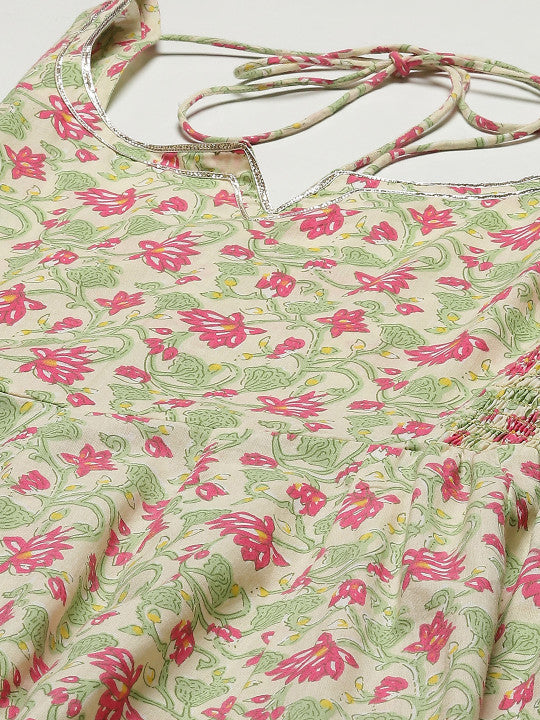 anayna Women Cream-Coloured Ethnic Motifs Pure Cotton Kurta with Trousers & Dupatta