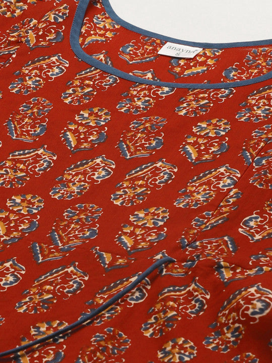 anayna Women Rust Red & Orange Block Print A-Line Maternity Kurta