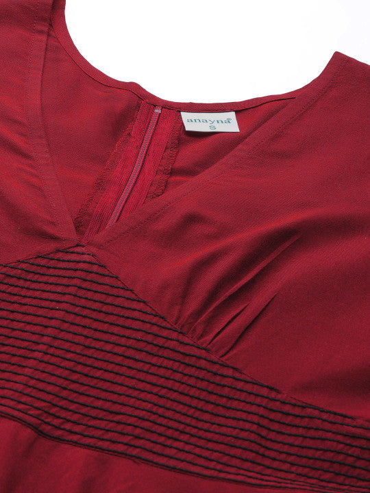 anayna Maroon Solid Balloon Sleeves Midi Dress