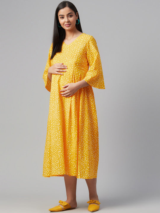 anayna Women Yellow & White Polka Dots Printed A-Line Maternity Dress