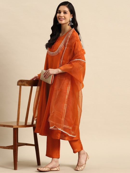 Sangria Ethnic Motifs Embroidered Mirror Work Silk Crepe Kurta with Trousers & Dupatta