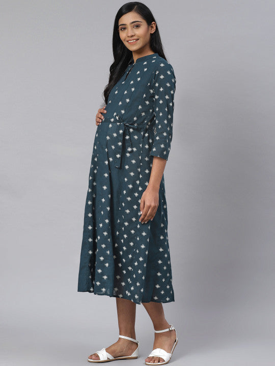Women Navy Blue & White Printed Pure Cotton Maternity A-Line Dress