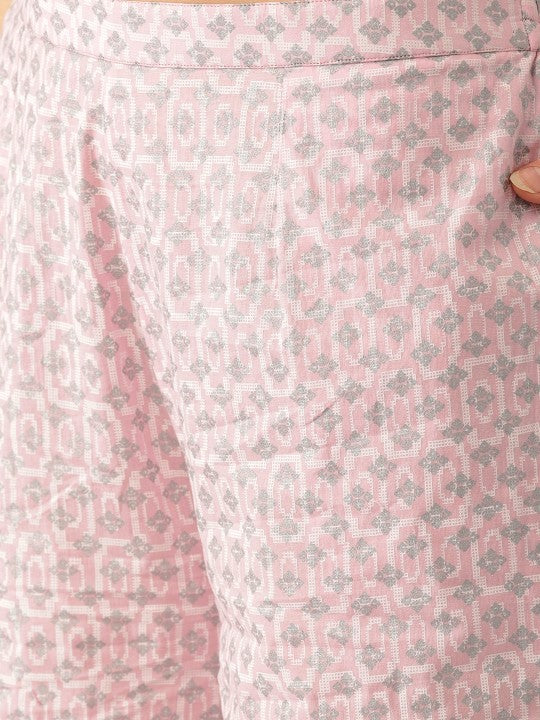 Women Pink & Silver Printed Kurta with Palazzos & Dupatta
