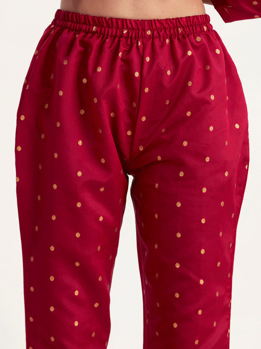 Sangria Maroon Geometric Printed Straight Kurta With Trousers And Dupatta