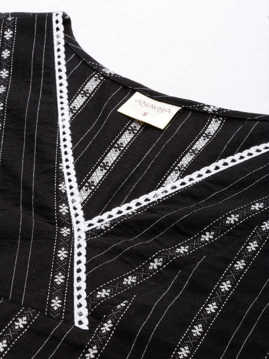 anayna Women Woven Design Striped Straight Kurta