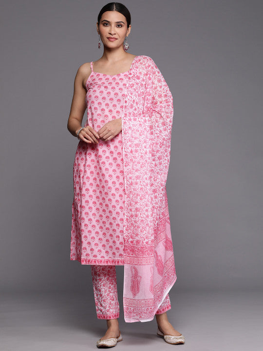 Libas Women Floral Printed Pure Cotton Kurta With Trousers & Dupatta