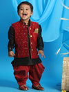 Vastramay Sishu Boys Black Regular Kurta With Dhoti Pants and Woven Nehru Jacket