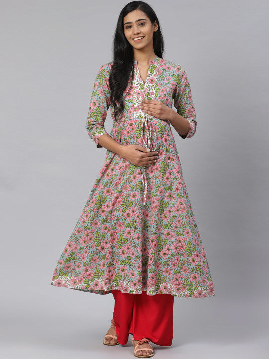 anayna Women Blue & Pink Floral Printed Pure Cotton Feeding Maternity A-Line Kurta