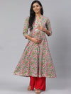 Anayna Women Blue & Pink Floral Printed Pure Cotton Feeding Maternity A-Line Kurta