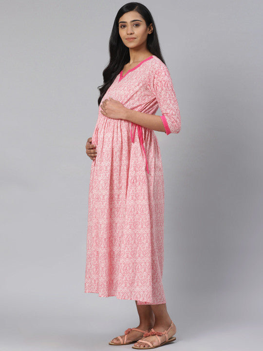 anayna Women Pink Printed Pure Cotton Maternity A-Line Dress
