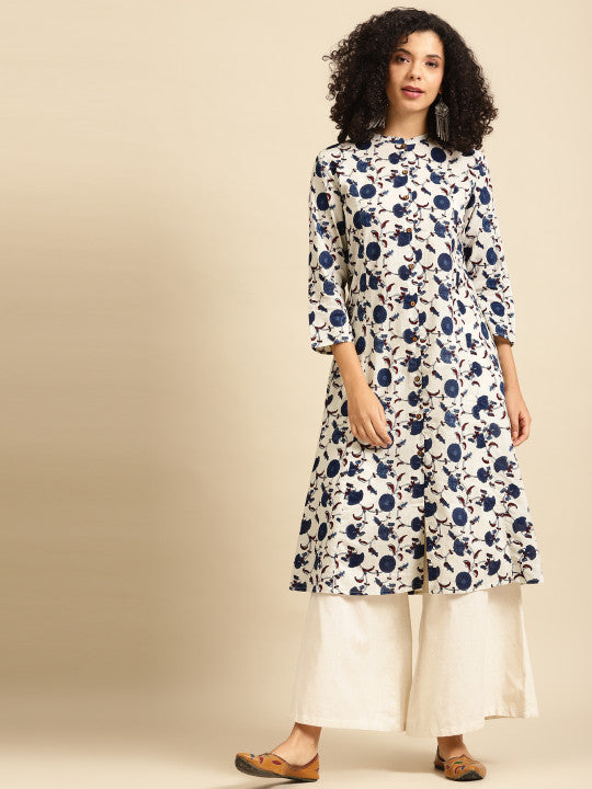 anayna Women White & Navy Blue Ethnic Motifs Screen Print Cotton Kurta