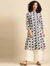 Anayna Women White & Navy Blue Ethnic Motifs Screen Print Cotton Kurta