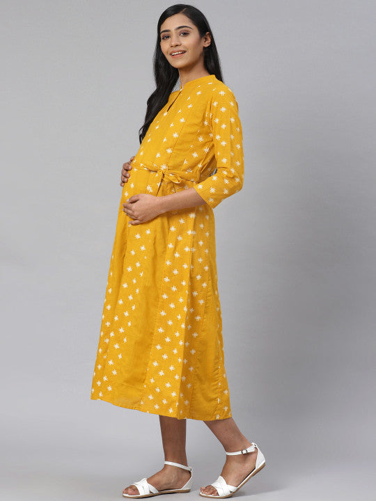 Women Mustard Yellow & Off-White Printed Pure Cotton Maternity A-Line Dress