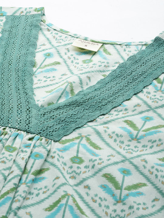 anayna Floral Printed Pleated Pure Cotton Kurta with Trousers & With Dupatta