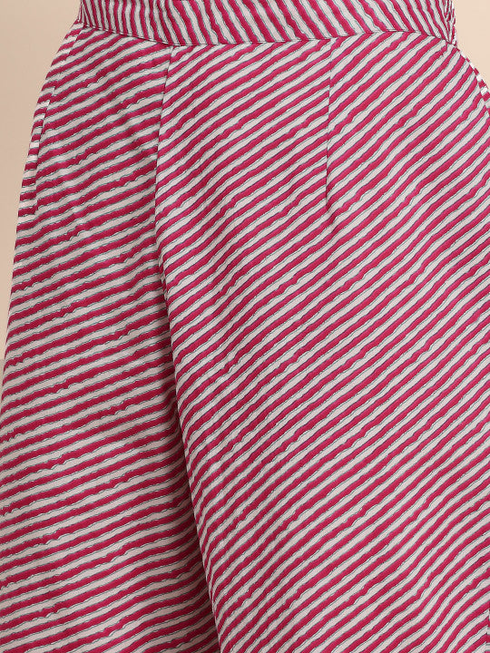 Women Pink & White Leheriya Printed Pure Cotton Kurta with Trousers & Dupatta