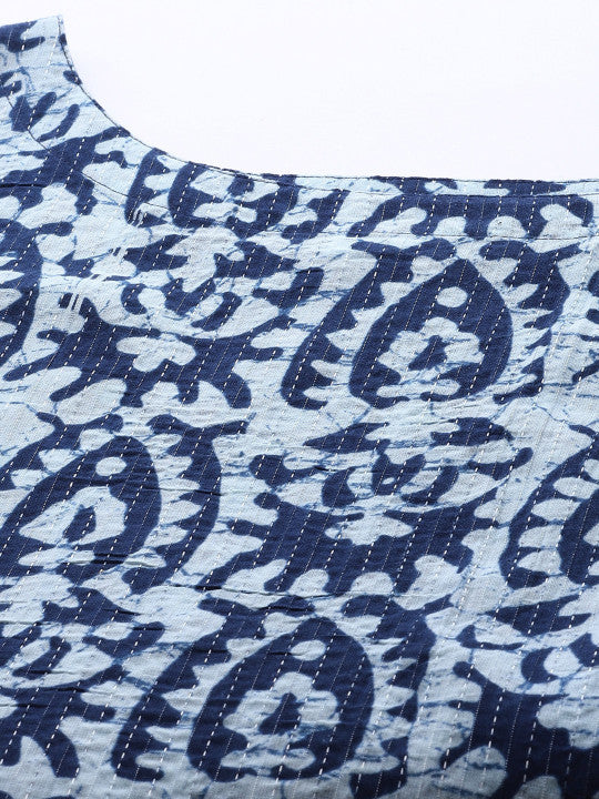 Women Navy Blue & White Printed Straight Kurta