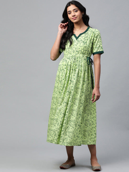 anayna Women Green Printed A-Line Nursing Dress