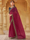 Satrani Pink & Blue Beads and Stones Embroidered Saree