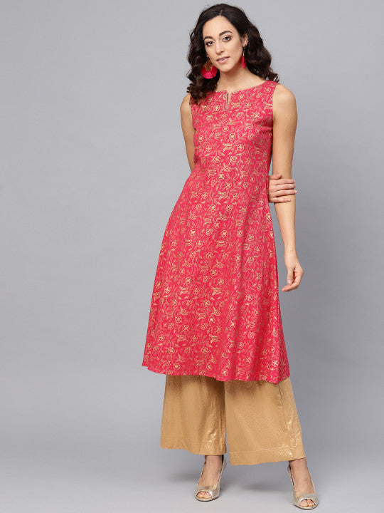 anayna Women Pink & Golden Printed A-Line Kurta