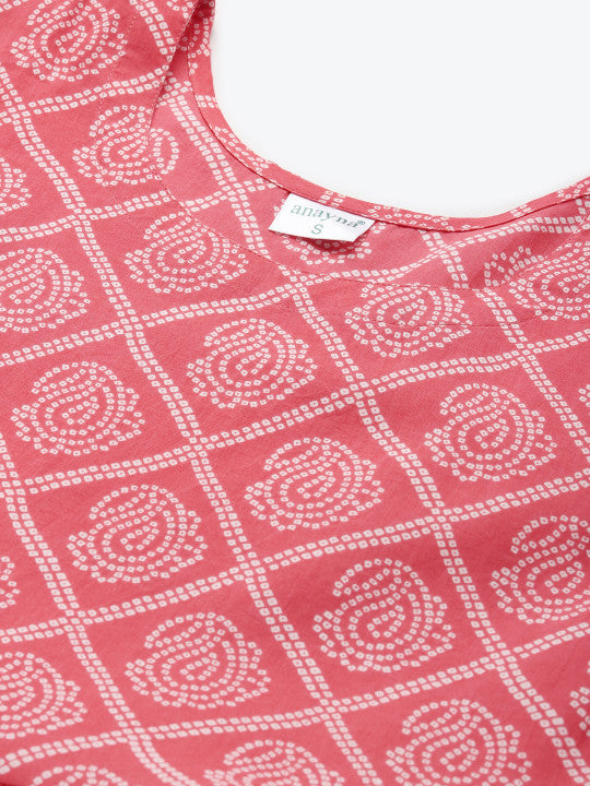 anayna Women Pink & White Bandhani Printed Kurta with Trousers