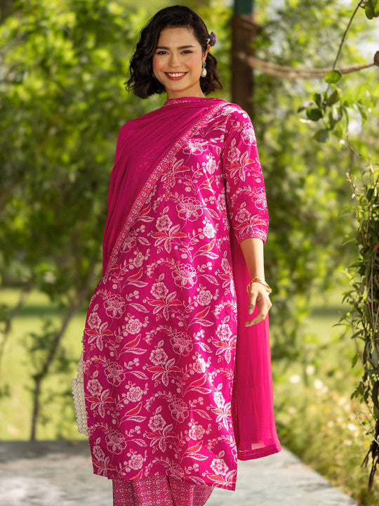 Libas Floral Printed Round Neck Pure Cotton Straight Kurta With Palazzos & Dupatta