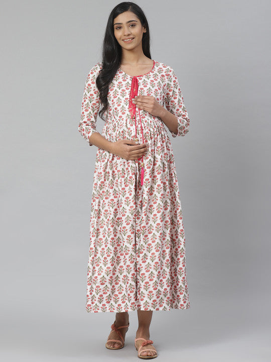 Women White & Pink Pure Cotton Printed Maternity Layered A-Line Dress