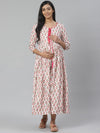 Anayna Women White & Pink Pure Cotton Printed Maternity Layered A-Line Dress
