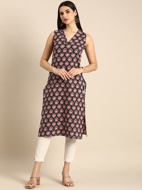 anayna Women Ethnic Motifs Printed Kantha Work Straight Kurta