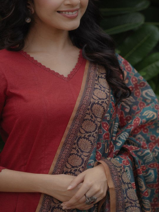 anayna Women Panelled Pure Cotton Kurta with Trousers & With Dupatta