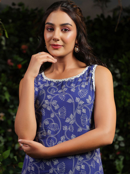 anayna Floral Printed Boat Neck Straight Pure Cotton Kurta With Trousers