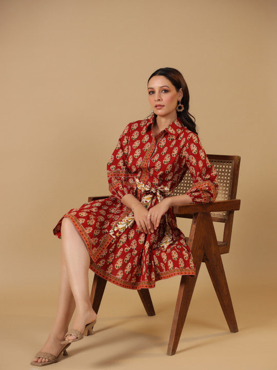 anayna Ethnic Motifs Printed Cotton Shirt Dress