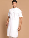 Vastramay Men White Solid Cotton Linen Blend Half Sleeves Kurta - S