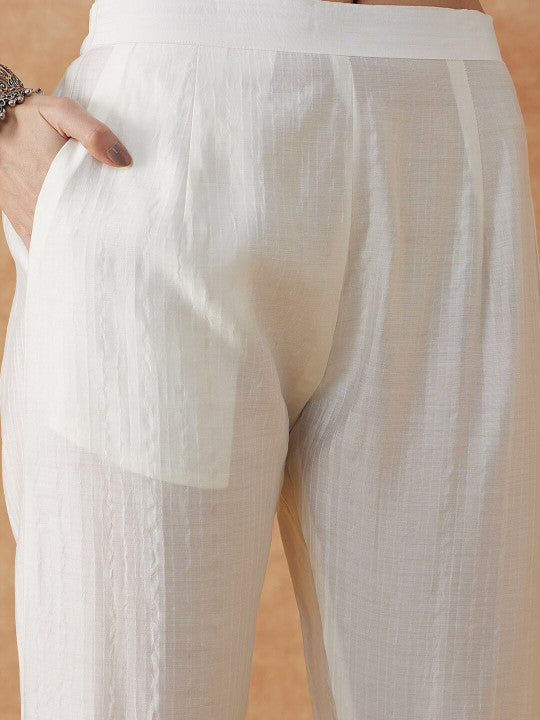 Sangria White Ethnic Motifs Embroidered Thread Work Straight Kurta & Trouser With Dupatta