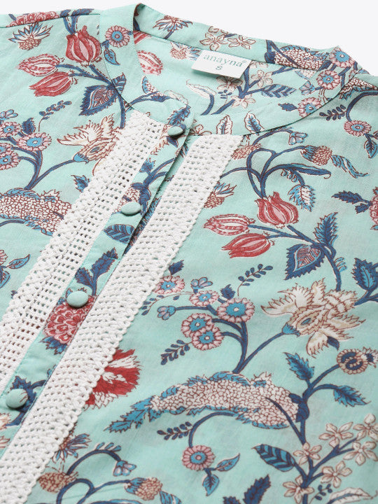 Women Blue & Off White Ethnic Floral Screen Print Cotton Kurta