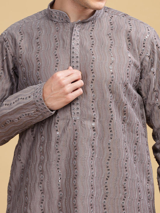 Anouk Grey Ethnic Embroidered Mandarin Collar Sequinned Lucknowi Cotton Straight Kurta