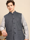 Anouk Men Navy Blue & White Geometric Woven Design Cotton Sustainable Nehru Jacket - S