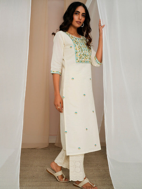 Libas Floral Embroidered Yoke Cotton Straight Kurta