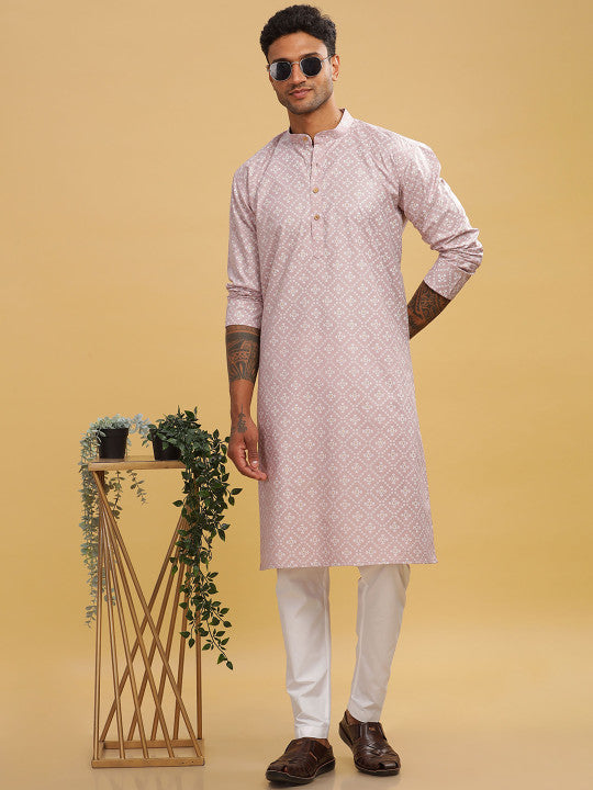 Geometric Printed Band Collar Straight Long Kurta