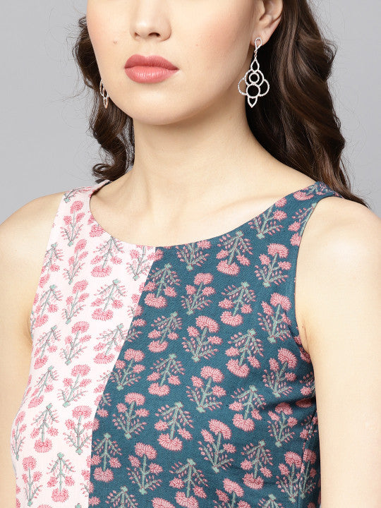 anayna Women Teal Blue & Pink Printed A-Line Dress