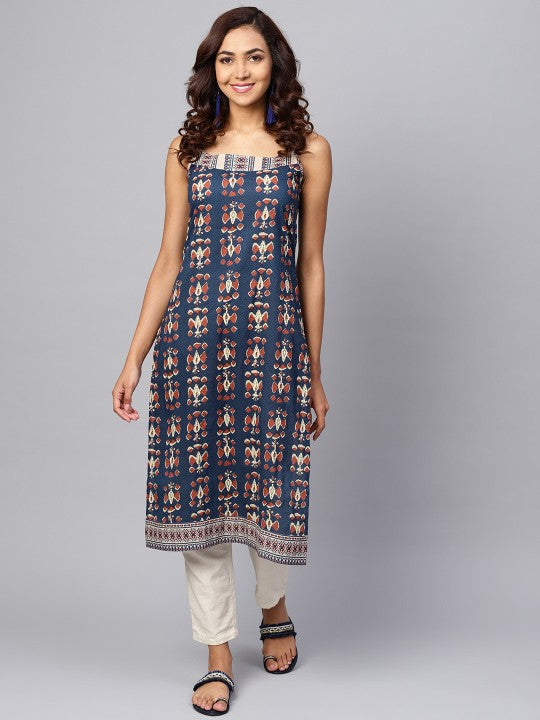 Women Navy Blue & Rust Orange Printed Straight Kurta