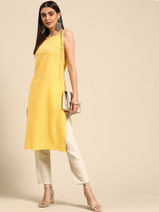 anayna Women Yellow Pure Cotton Kantha Work Striped Kurta