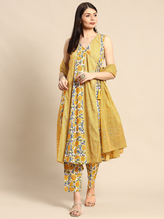 Women Yellow Ethnic Motifs Angrakha Pure Cotton Kurta with Trousers & Dupatta