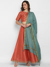 Janasya Peach-Coloured & Green Printed Ready to Wear Lehenga & Blouse with Dupatta