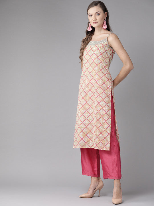 anayna Women Beige & Pink Screen Print Straight Kurta