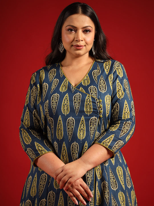 Women Navy Blue & Green Ethnic Motifs Printed Cotton Kurta