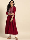 All about you Maroon Floral Yoke Designed Mandarin Collar Cotton Anarkali Kurta